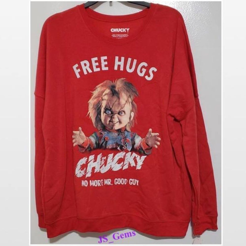 New Hybrid Apparel Sweater Womens Chucky Red Sweatshirt Graphic Print Top NWT